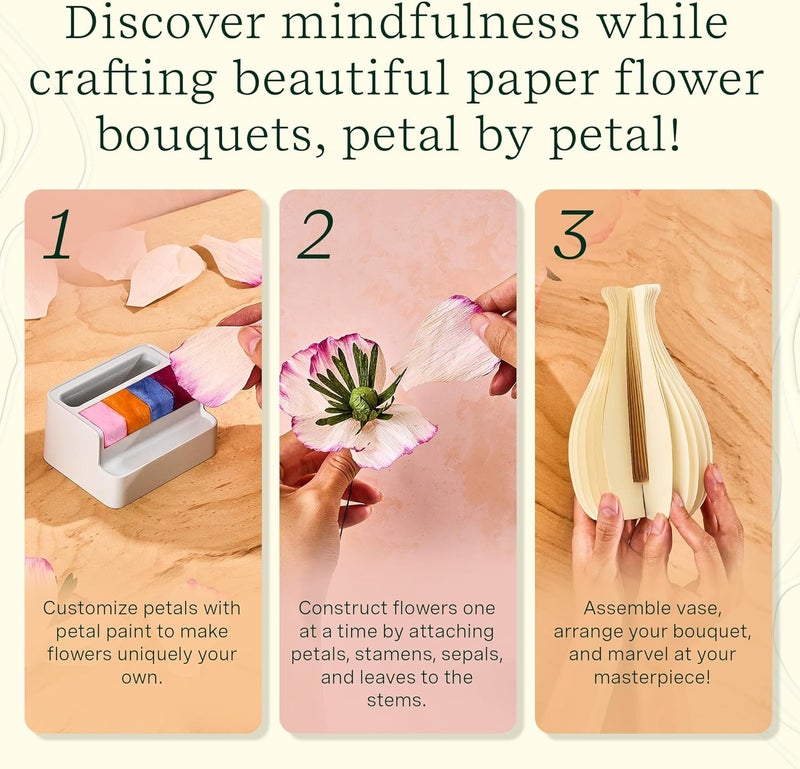 LifeLines FlowCrafts, Paper Flower Bouquet - Create a 5-Flower Bouquet with 80+ Petals, 2 Leafy Sprigs & Elegant Vase - Sensory Arts & Crafts Kit for Teens & Adults - Paper Decorations - Image 4